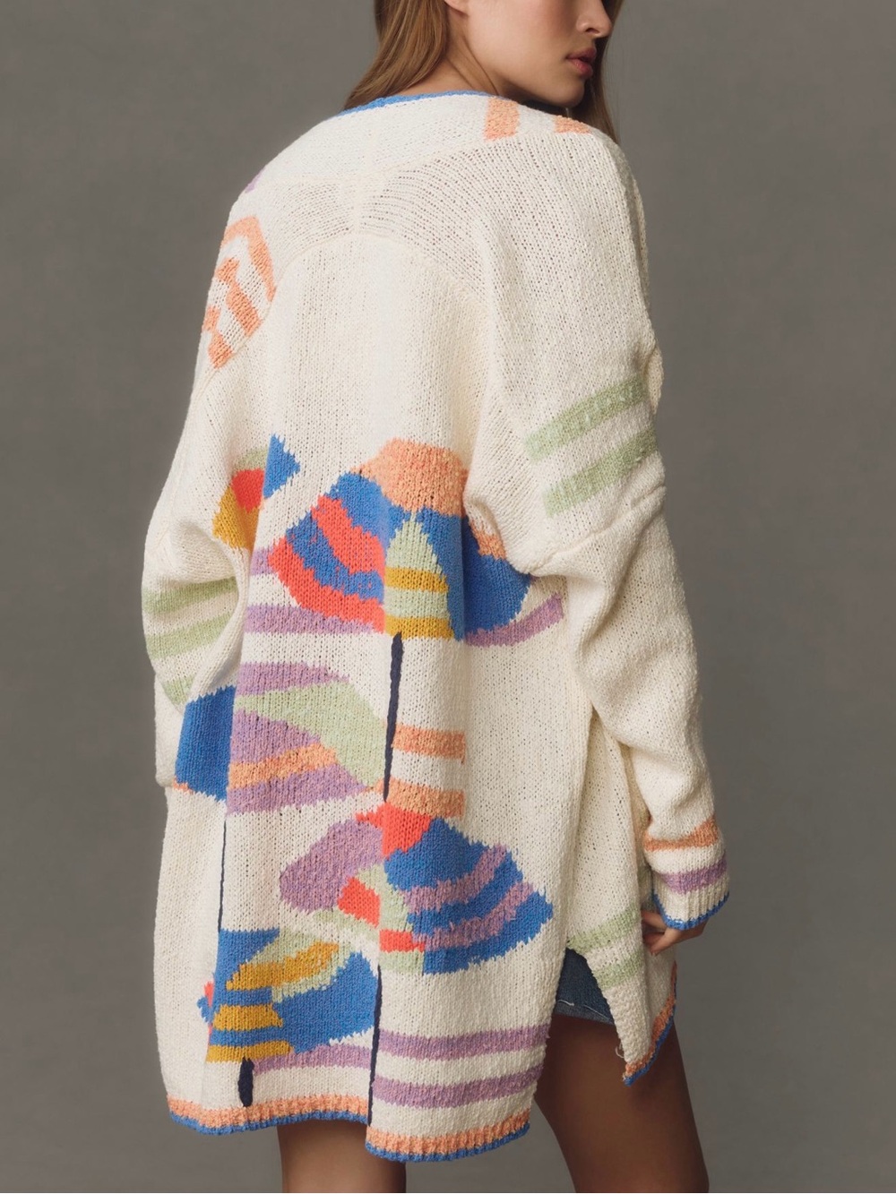 Anthropologie Maeve Umbrella Graphic Back Open Knit Cardigan
